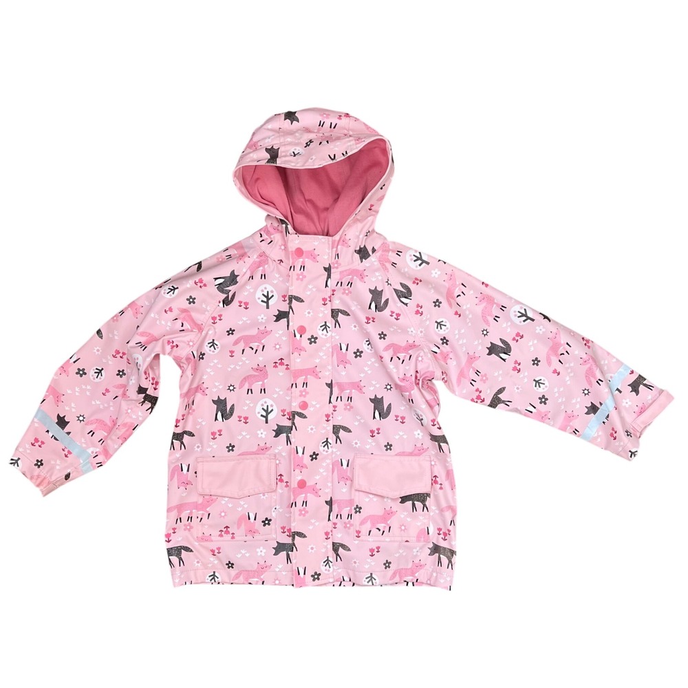 HAS Girls Pink Fox Print Hooded Rain Jacket Reflective Size L 125-135